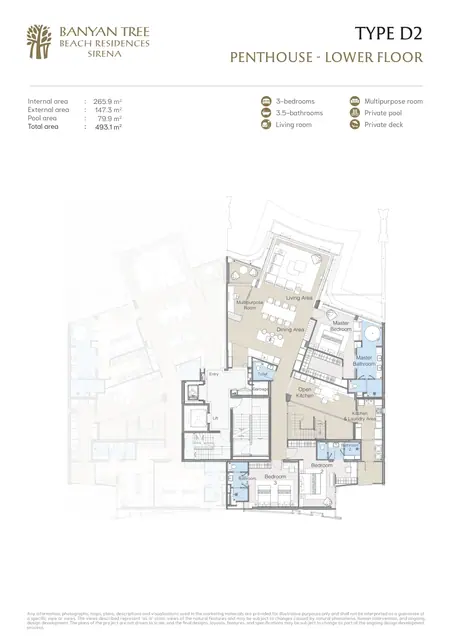 Sirena Banyan Tree Beach Residences — Тип D2, пентхаус — нижний уровень · 3 спальни · 493,1 м², Банг Тао и Лагуна, Пхукет