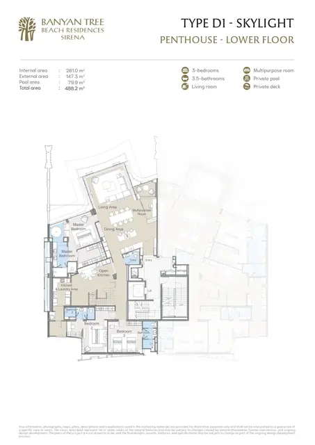 Sirena Banyan Tree Beach Residences — Тип D1 Skylight, пентхаус — нижний уровень · 3 спальни · 488,2 м², Банг Тао и Лагуна, Пхукет