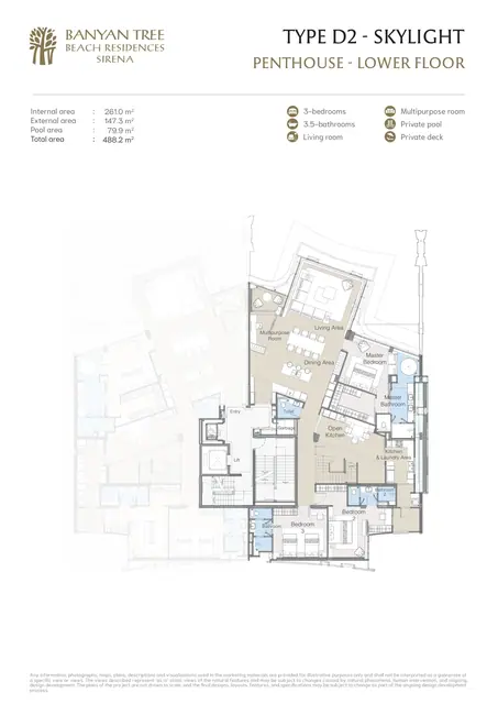 Sirena Banyan Tree Beach Residences — Тип D2 Skylight, пентхаус — нижний уровень · 3 спальни · 488,2 м², Банг Тао и Лагуна, Пхукет