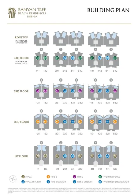 Sirena Banyan Tree Beach Residences — План зданий — типы по этажам (1–4 этаж, пентхаус, крыша), Банг Тао и Лагуна, Пхукет