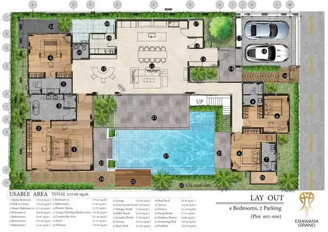 Erawana Grand — Планировка вилл Grand 1–6 (Plot 601–606): 4 спальни / 5 ванных, 533 м², кухня-гостиная 92 м², бассейн 69 м² с павильоном, 2 паркинга, Банг Тао и Лагуна, Пхукет