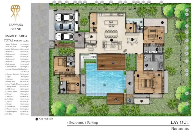 Erawana Grand — Планировка вилл Grand 7–9 (Plot 607–609): 4 спальни / 5 ванных, базовый план 606 м² (Grand 8 — 630 м², Grand 7/9 — 729 м²), бассейн 73 м² с павильоном, 3 паркинга, Банг Тао и Лагуна, Пхукет