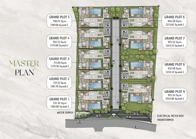 Erawana Grand — Генплан: 9 участков Grand Plot 1–9 с площадями (732–997 м²), Банг Тао и Лагуна, Пхукет