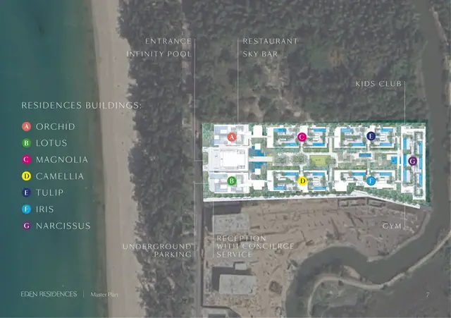 Gardens of Eden - Eden Residence — Генплан: корпуса A–G, ресторан, скай-бар, паркинг, Лаян, Пхукет