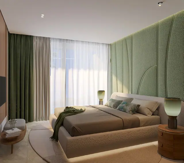 Gardens of Eden - Park Residences — Спальня с портьерами и видом в сад, Банг Тао и Лагуна, Пхукет