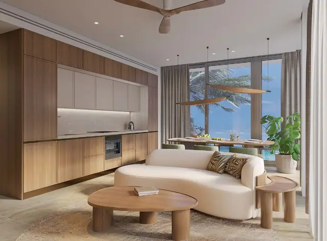 Gardens of Eden - Park Residences — Гостиная-кухня с видом на море, Банг Тао и Лагуна, Пхукет