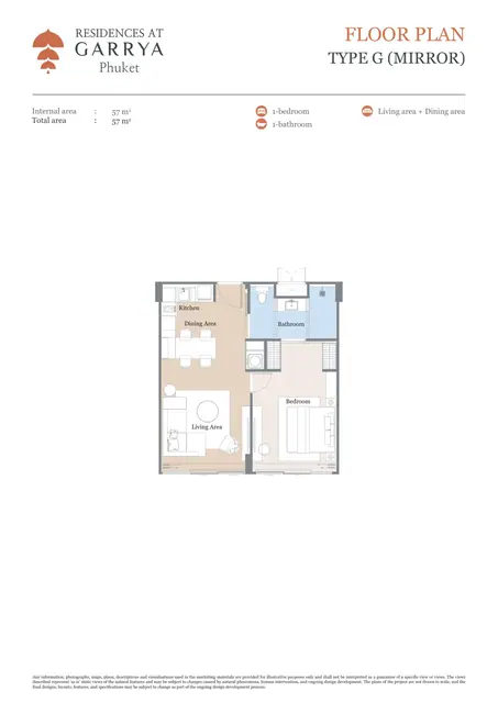 Garrya Residences — Тип G (зеркальный) — 1 спальня · 57 м², Банг Тао и Лагуна, Пхукет
