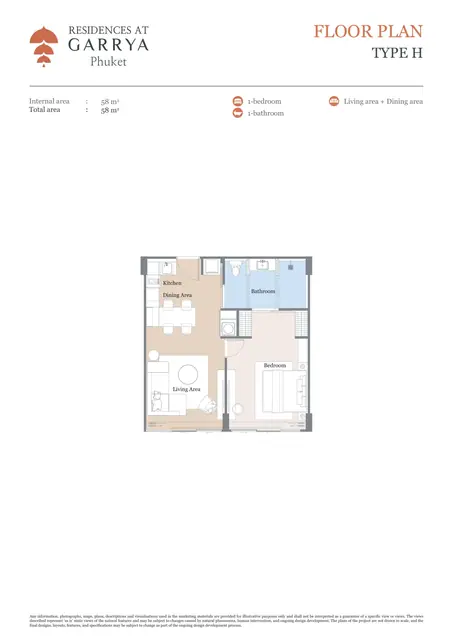 Garrya Residences — Тип H — 1 спальня · 58 м², Банг Тао и Лагуна, Пхукет
