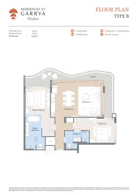 Garrya Residences — Тип B — 2 спальни · 113 м², Банг Тао и Лагуна, Пхукет