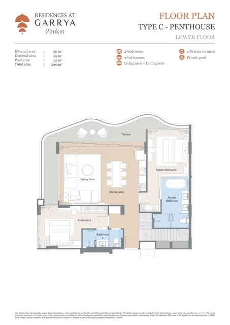 Garrya Residences — Тип C Пентхаус — нижний уровень · 2 спальни · всего 220 м², Банг Тао и Лагуна, Пхукет