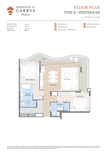 Garrya Residences — Тип D Пентхаус — нижний уровень · 2 спальни · всего 215 м², Банг Тао и Лагуна, Пхукет