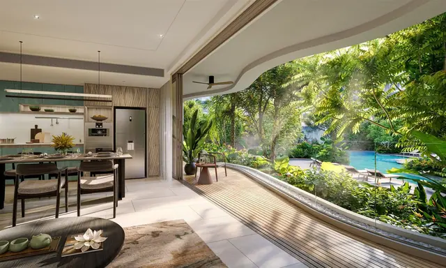Garrya Residences — Квартира на первом этаже: кухня-столовая у сада, Банг Тао и Лагуна, Пхукет