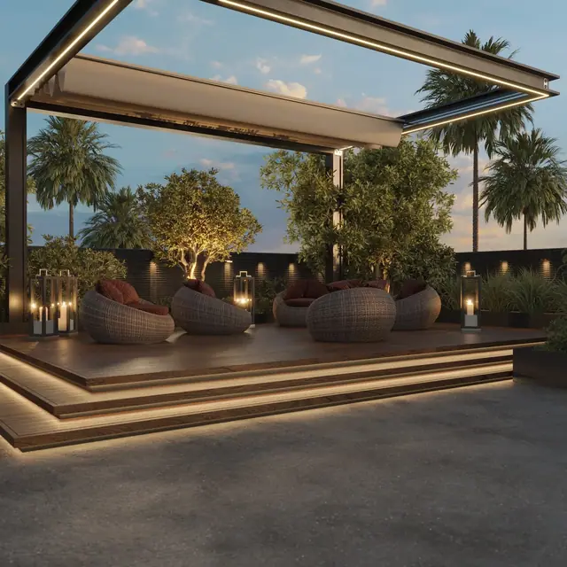 Hennessy Residence Karon — Лаунж на кровле под перголой вечером, Карон и Ката, Пхукет