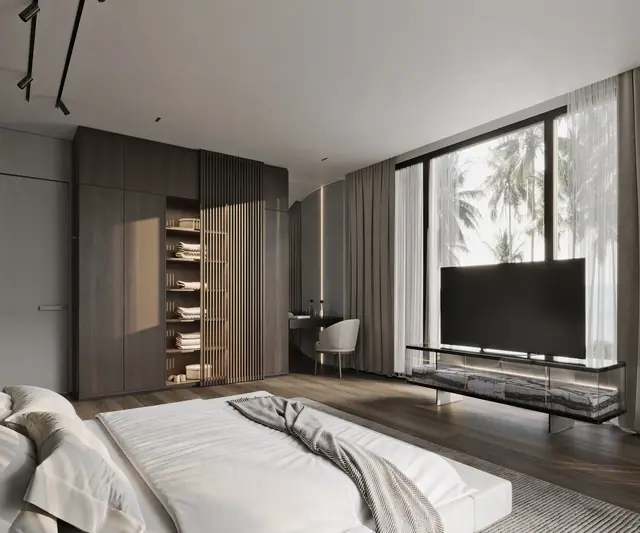Hennessy Residence Karon — ТВ-зона третьей спальни с видом на пальмы, Карон и Ката, Пхукет