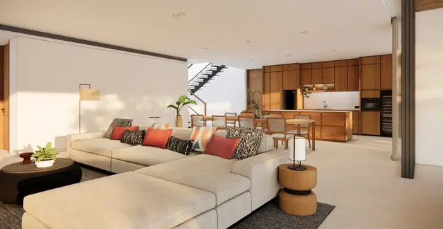 Kiara Reserve Residence Villas — Гостиная с кухней и лестницей, Лаян, Пхукет