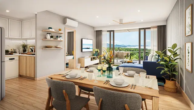 Laguna Beach Residences Reef — Гостиная-столовая с кухней · 3 спальни, 131–133 м², Банг Тао и Лагуна, Пхукет