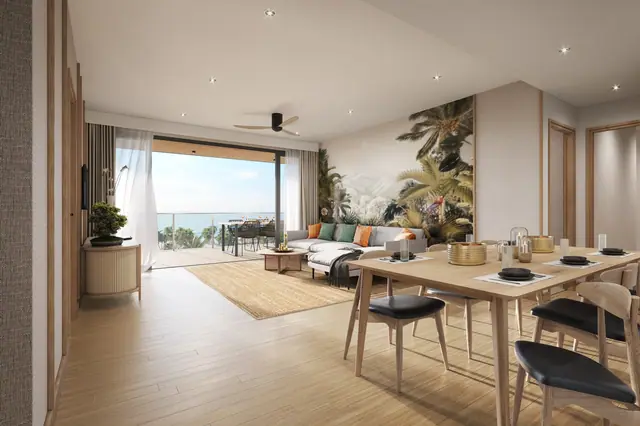 Laguna Beach Residences Reef — Гостиная-столовая с видом на море · 3 спальни, 131–133 м², Банг Тао и Лагуна, Пхукет