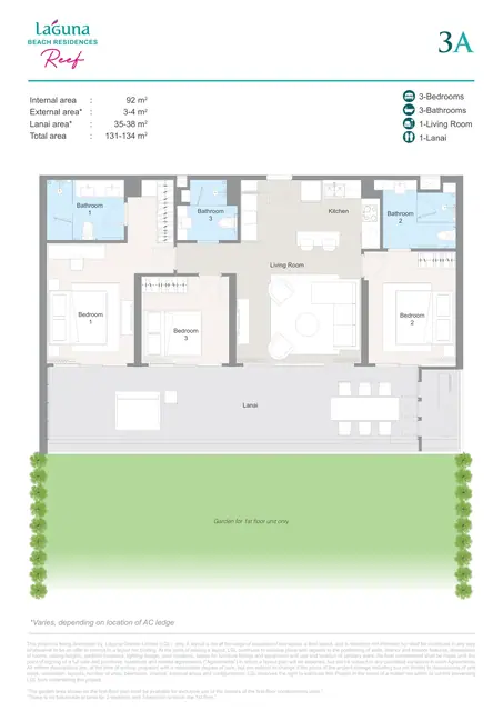 Laguna Beach Residences Reef — Тип 3A — 3 спальни · 131–134 м² (92 внутр. + ланай 35–38), Банг Тао и Лагуна, Пхукет