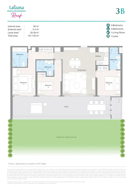 Laguna Beach Residences Reef — Тип 3B — 3 спальни · 131–133 м² (92 внутр. + ланай 35–38), Банг Тао и Лагуна, Пхукет