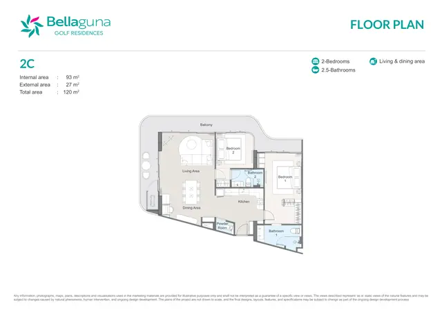 Bellaguna Golf Residences — 2 спальни · 2C · 120 м², Банг Тао и Лагуна, Пхукет