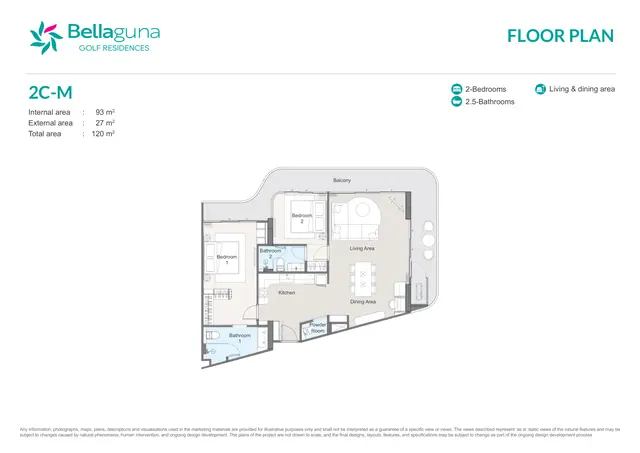 Bellaguna Golf Residences — 2 спальни · 2C-M · 120 м², Банг Тао и Лагуна, Пхукет