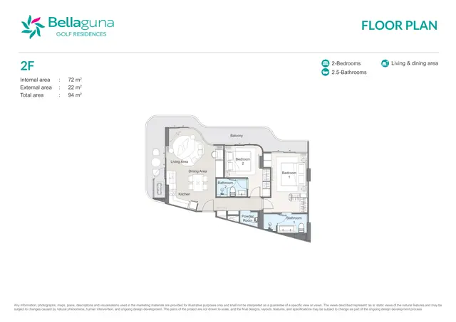 Bellaguna Golf Residences — 2 спальни · 2F · 94 м², Банг Тао и Лагуна, Пхукет