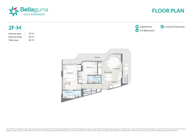Bellaguna Golf Residences — 2 спальни · 2F-M · 94 м², Банг Тао и Лагуна, Пхукет