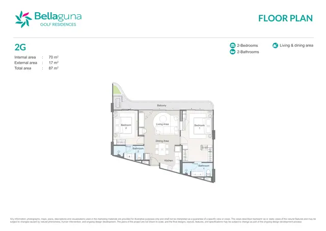 Bellaguna Golf Residences — 2 спальни · 2G · 87 м², Банг Тао и Лагуна, Пхукет