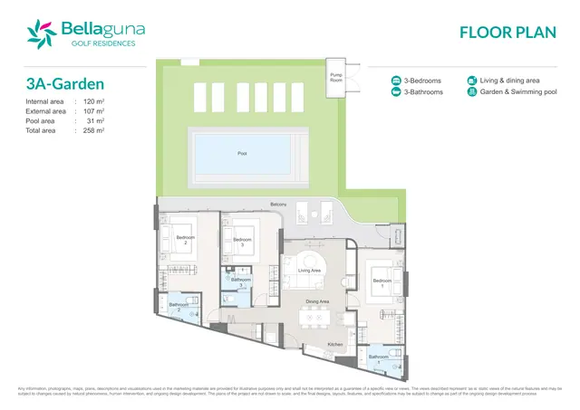 Bellaguna Golf Residences — 3 спальни · 3A-Garden · 258 м², Банг Тао и Лагуна, Пхукет
