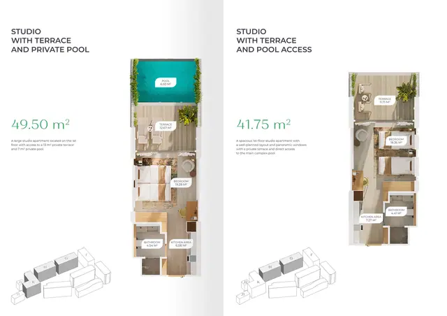 Layan Green Park Phase 2 — Студия с террасой и частным бассейном (AP) · 49,50 м² и с выходом к бассейну (AM) · 41,75 м², Лаян, Пхукет