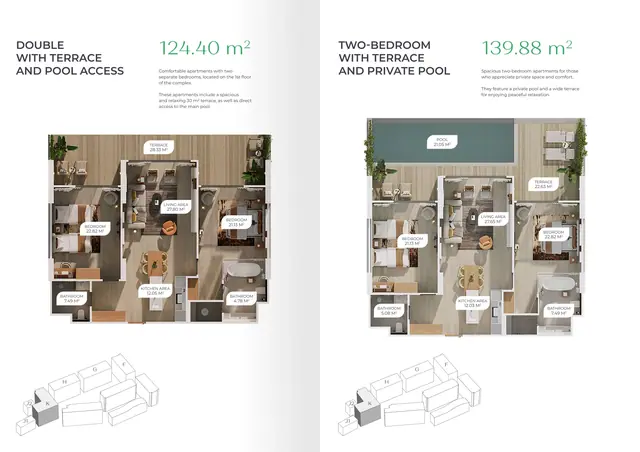Layan Green Park Phase 2 — 2 спальни с террасой и выходом к бассейну (CM) · 124,40 м² и с частным бассейном (CP) · 139,88 м², Лаян, Пхукет