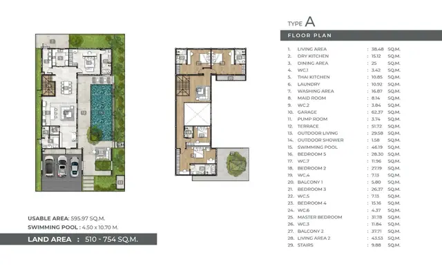 Mouana Grande Chalong Bay — Тип A — 596 м², участок 510–754 м², 5 спален + комната персонала, 7 с/у, гараж 3 авто, бассейн 4.5×10.7 м, Чалонг, Пхукет