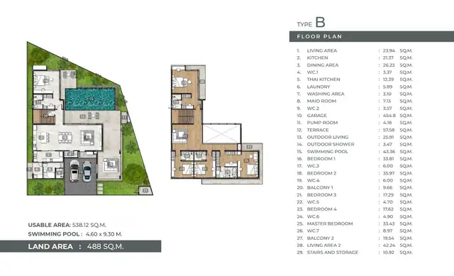 Mouana Grande Chalong Bay — Тип B — 538 м², участок 488 м², 5 спален + комната персонала, 7 с/у, гараж 2 авто, бассейн 4.6×9.3 м, Чалонг, Пхукет