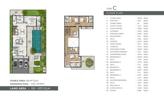Mouana Grande Chalong Bay — Тип C — 596 м², участок 510–833 м², 5 спален + комната персонала, 7 с/у, гараж 3 авто, бассейн 4.5×10.7 м, Чалонг, Пхукет