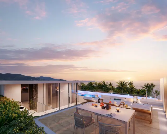 Nammu Banyan Tree Beach Residences — Обеденная терраса на крыше на закате, Банг Тао и Лагуна, Пхукет