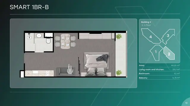 Next Point Condominium — Smart 1BR-B (корпус 2) — 1 спальня · 45 м², Раваи и Най Харн, Пхукет