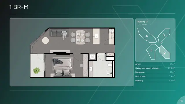 Next Point Condominium — 1 спальня — тип M · 57 м², Раваи и Най Харн, Пхукет