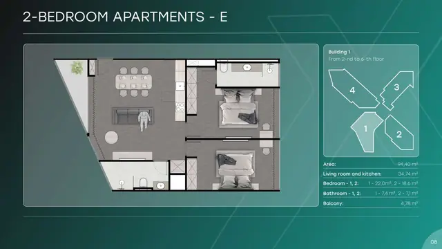 Next Point Condominium — 2 спальни — тип E · 94 м², Раваи и Най Харн, Пхукет