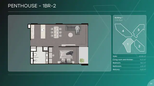 Next Point Condominium — Пентхаус 1BR-2 — 1 спальня · 70 м², Раваи и Най Харн, Пхукет