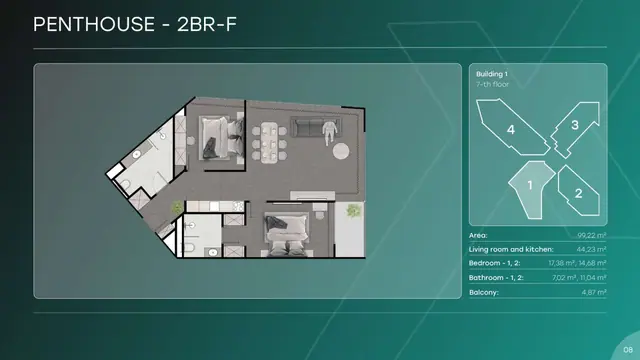 Next Point Condominium — Пентхаус 2BR-F — 2 спальни · 99 м², Раваи и Най Харн, Пхукет