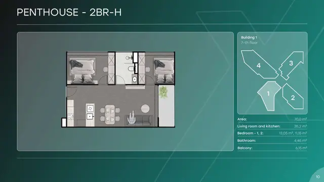 Next Point Condominium — Пентхаус 2BR-H — 2 спальни · 70 м², Раваи и Най Харн, Пхукет