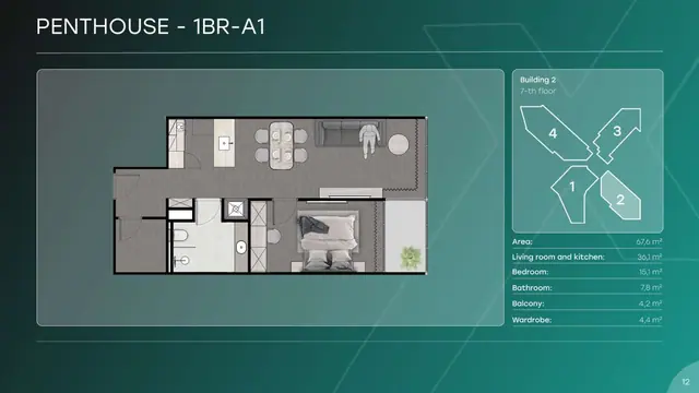 Next Point Condominium — Пентхаус 1BR-A1 — 1 спальня · 68 м², Раваи и Най Харн, Пхукет