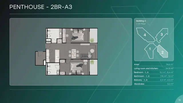 Next Point Condominium — Пентхаус 2BR-A3 — 2 спальни · 95 м², Раваи и Най Харн, Пхукет