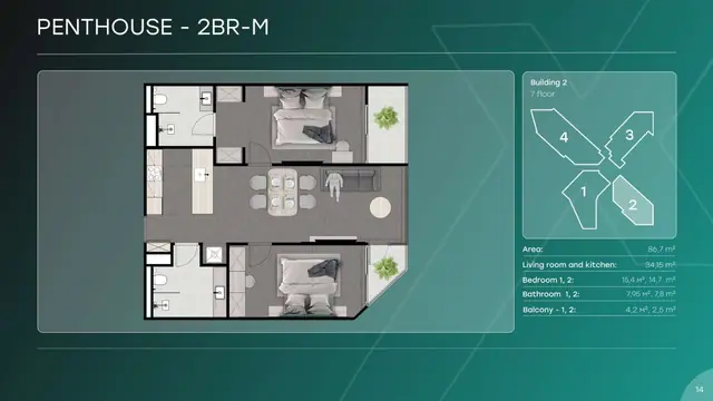 Next Point Condominium — Пентхаус 2BR-M — 2 спальни · 87 м², Раваи и Най Харн, Пхукет
