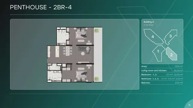 Next Point Condominium — Пентхаус 2BR-4 — 2 спальни · 134 м², Раваи и Най Харн, Пхукет