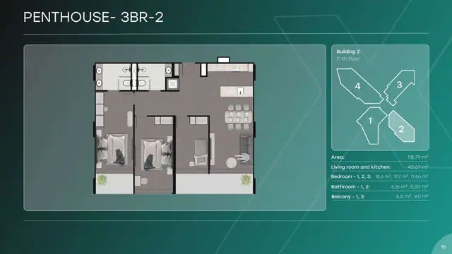 Next Point Condominium — Пентхаус 3BR-2 — 3 спальни · 119 м², Раваи и Най Харн, Пхукет