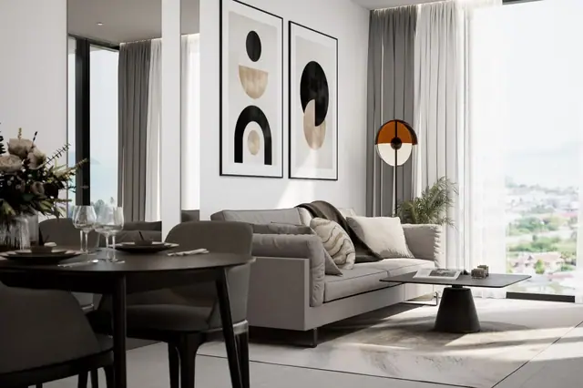 Next Point Condominium — Гостиная со столовой у окна, Раваи и Най Харн, Пхукет