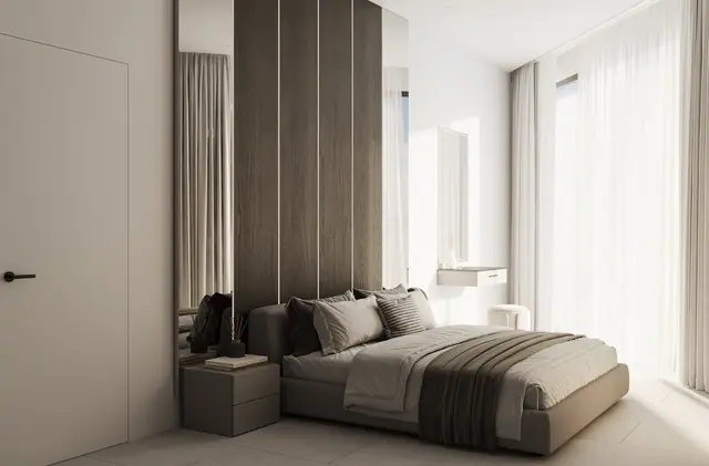 Next Point Condominium — Спальня с деревянной панелью изголовья · угловая квартира, Раваи и Най Харн, Пхукет