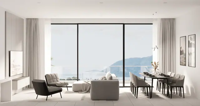 Next Point Condominium — Гостиная-столовая с видом на горы · 1 спальня, Раваи и Най Харн, Пхукет