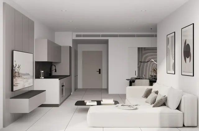 Next Point Condominium — Гостиная с кухней у прихожей · 3 спальни, Раваи и Най Харн, Пхукет